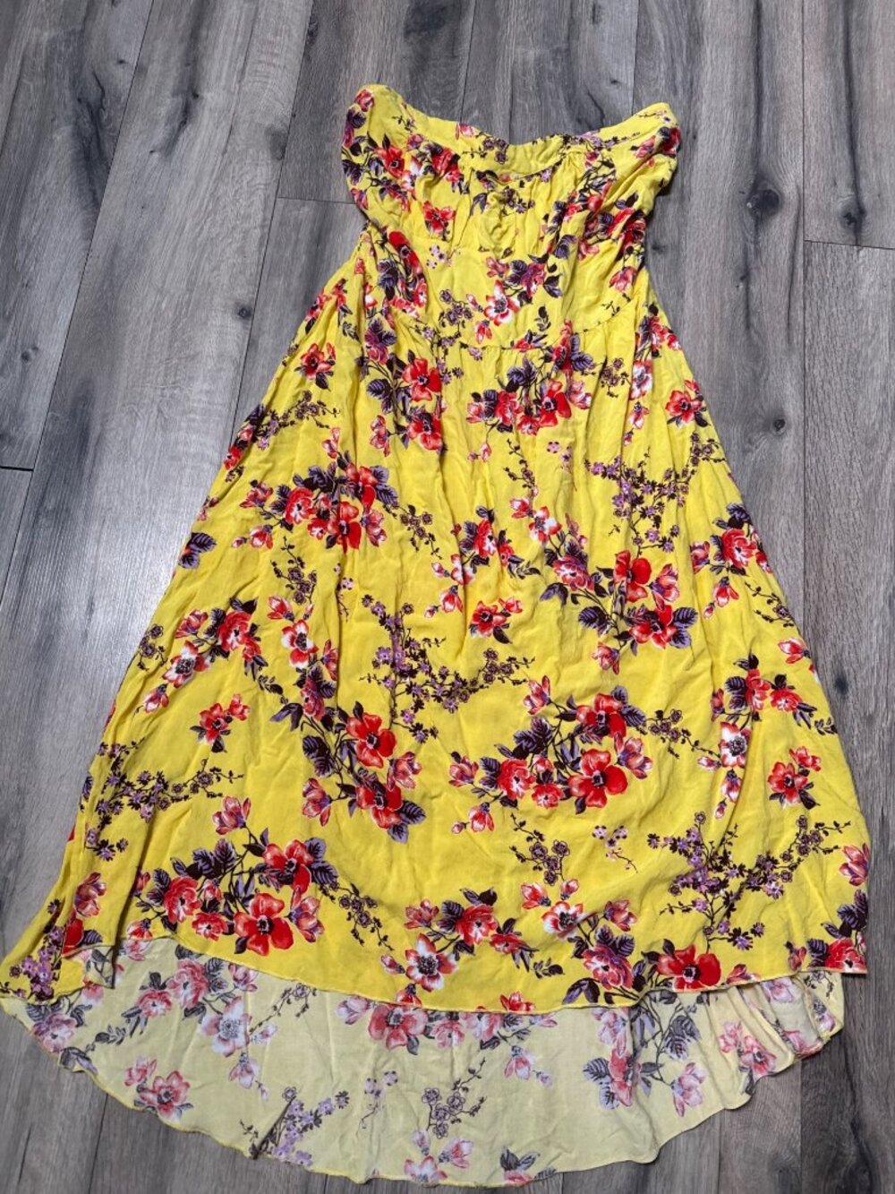 Yellow Floral Maxi Dress Shirred Bodice Strapless Whimsical CottageCore Womens X